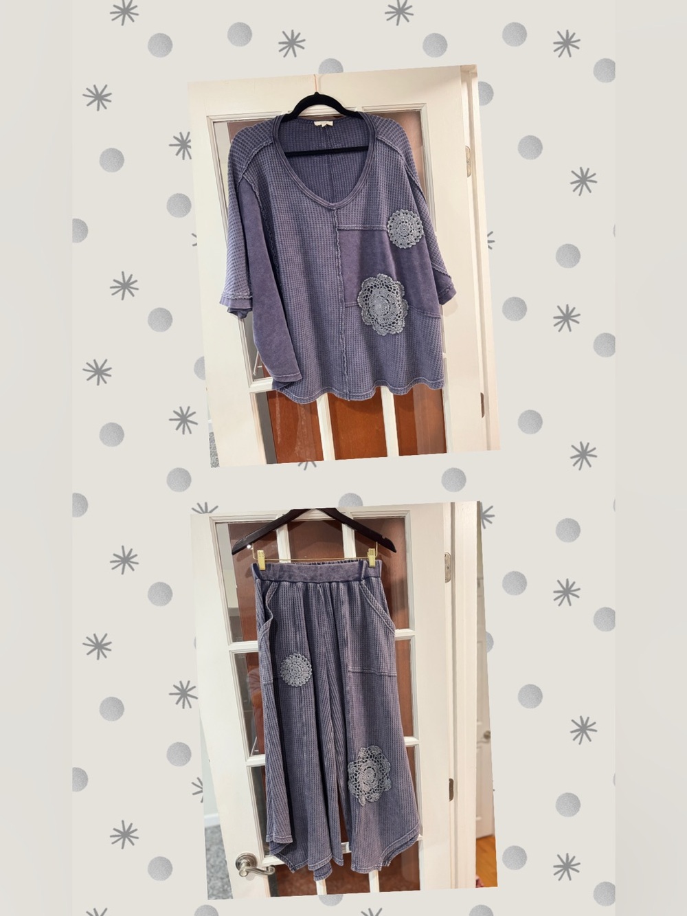 New Easel 2 PC Waffle V-Neck Top with Crochet Patch Wide Pant in Navy